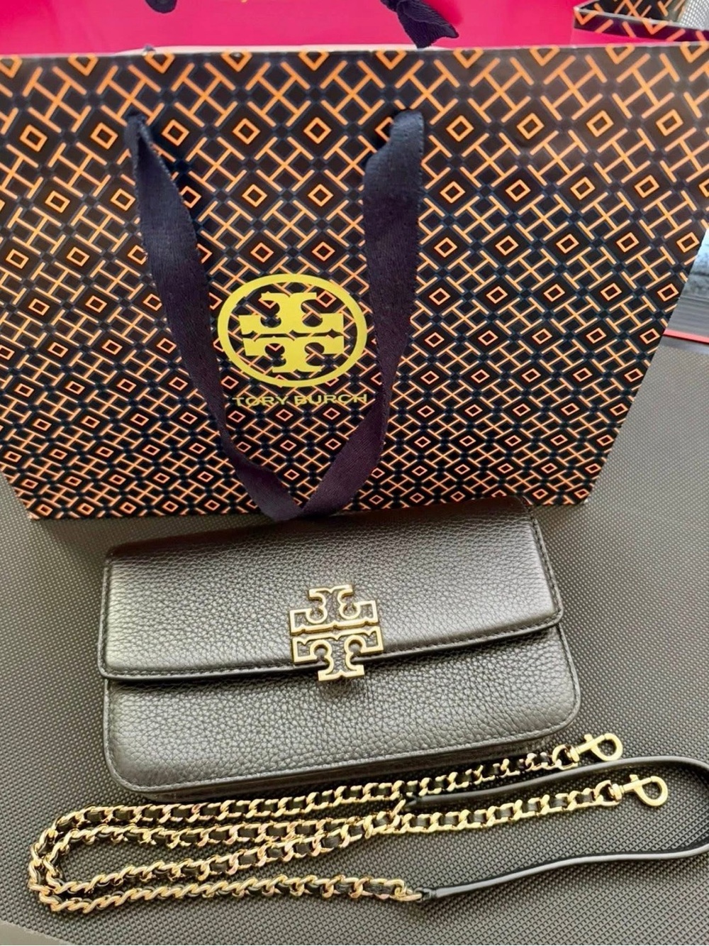 Unused Tory Burch Black Leather Wallet on Chain with Gold Logo